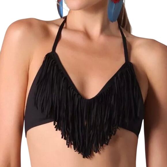 L*Space Audrey Black Fringe Halter Bikini Top - Picture 1 of 14